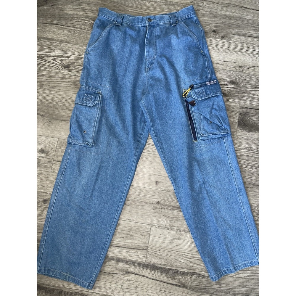 Vintage Men's Y2K MACHINE Brand Baggy‎ Denim Cargo Pants Size 34 X 30